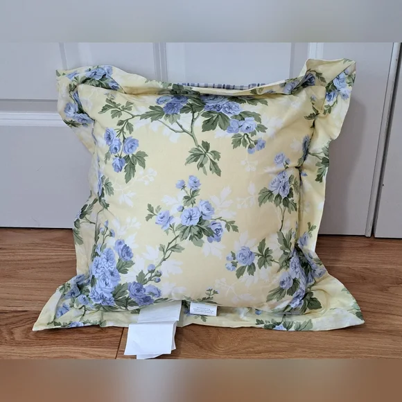 Laura Ashley Cassidy Ruffle Throw Pillow Yellow/Blue Floral Plaid - Picture 2 of 6